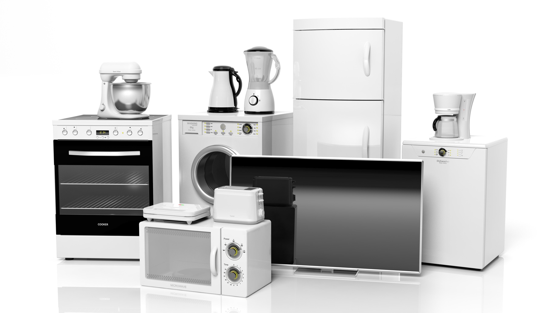 Group of home appliances isolated on white background